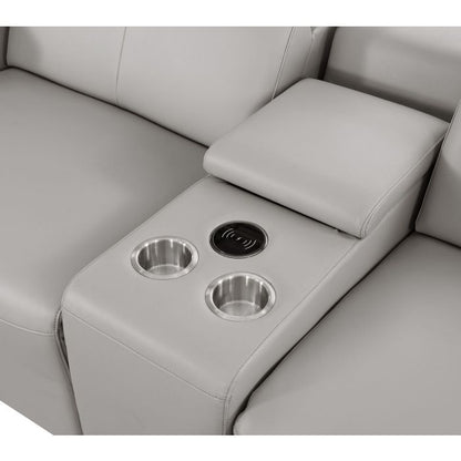 The Meridian – Light Gray Genuine Leather Dual Power Reclining Console Loveseat