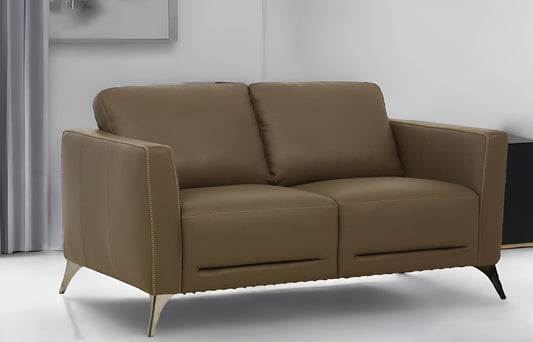 The Camden – Brown Leather Loveseat with Silver Legs