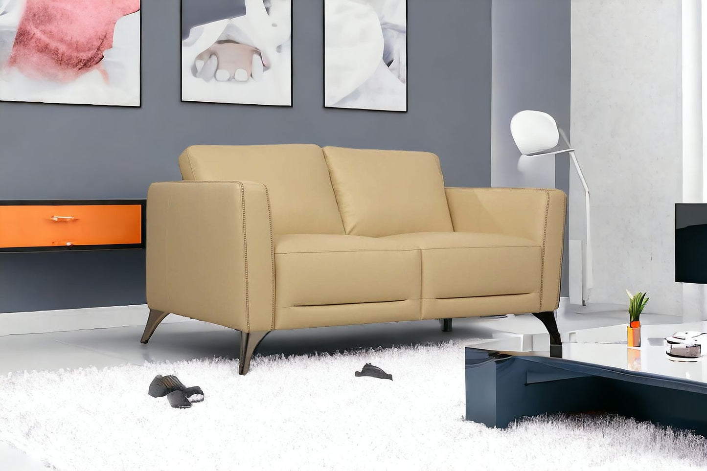 The Whitmore – Cream & Silver Genuine Leather Loveseat