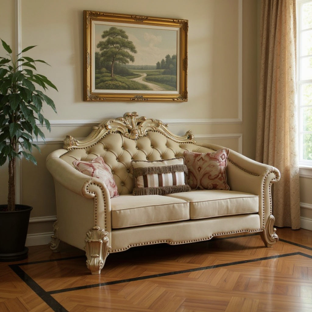 The Kingswell – Bone & Gold Faux Leather Loveseat