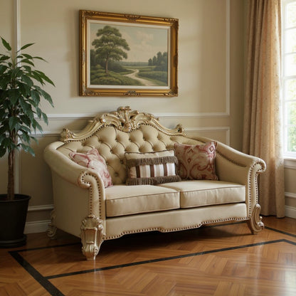 The Kingswell – Bone & Gold Faux Leather Loveseat