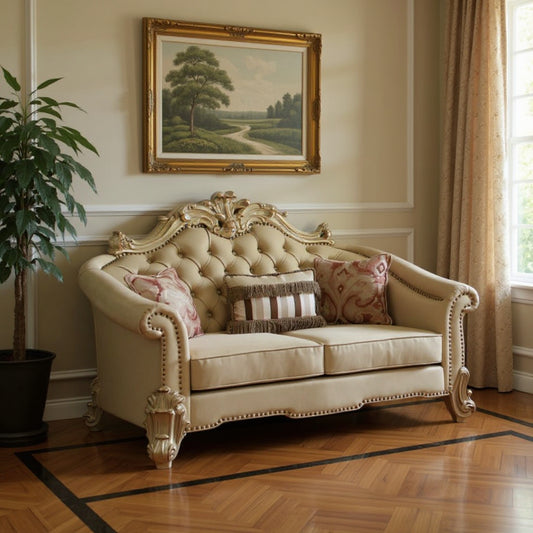 The Kingswell – Bone & Gold Faux Leather Loveseat
