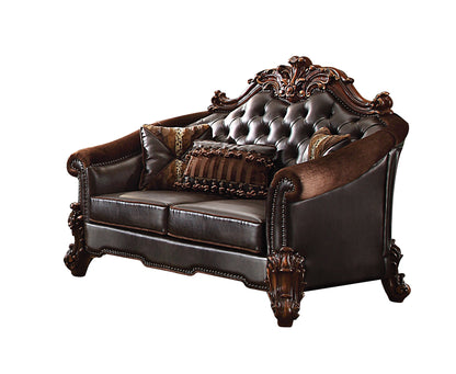 The Prescott – Brown & Dark Brown Chenille & Faux Leather Loveseat & Toss Pillows