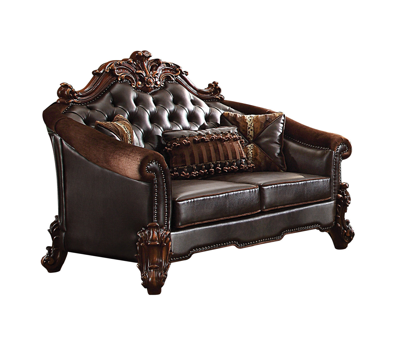 The Prescott – Brown & Dark Brown Chenille & Faux Leather Loveseat & Toss Pillows
