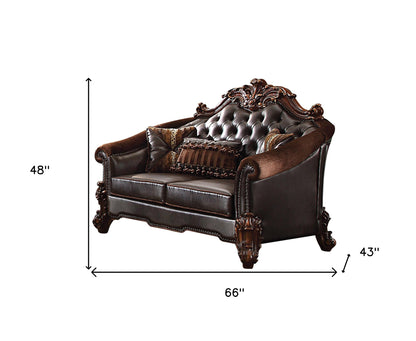 The Prescott – Brown & Dark Brown Chenille & Faux Leather Loveseat & Toss Pillows