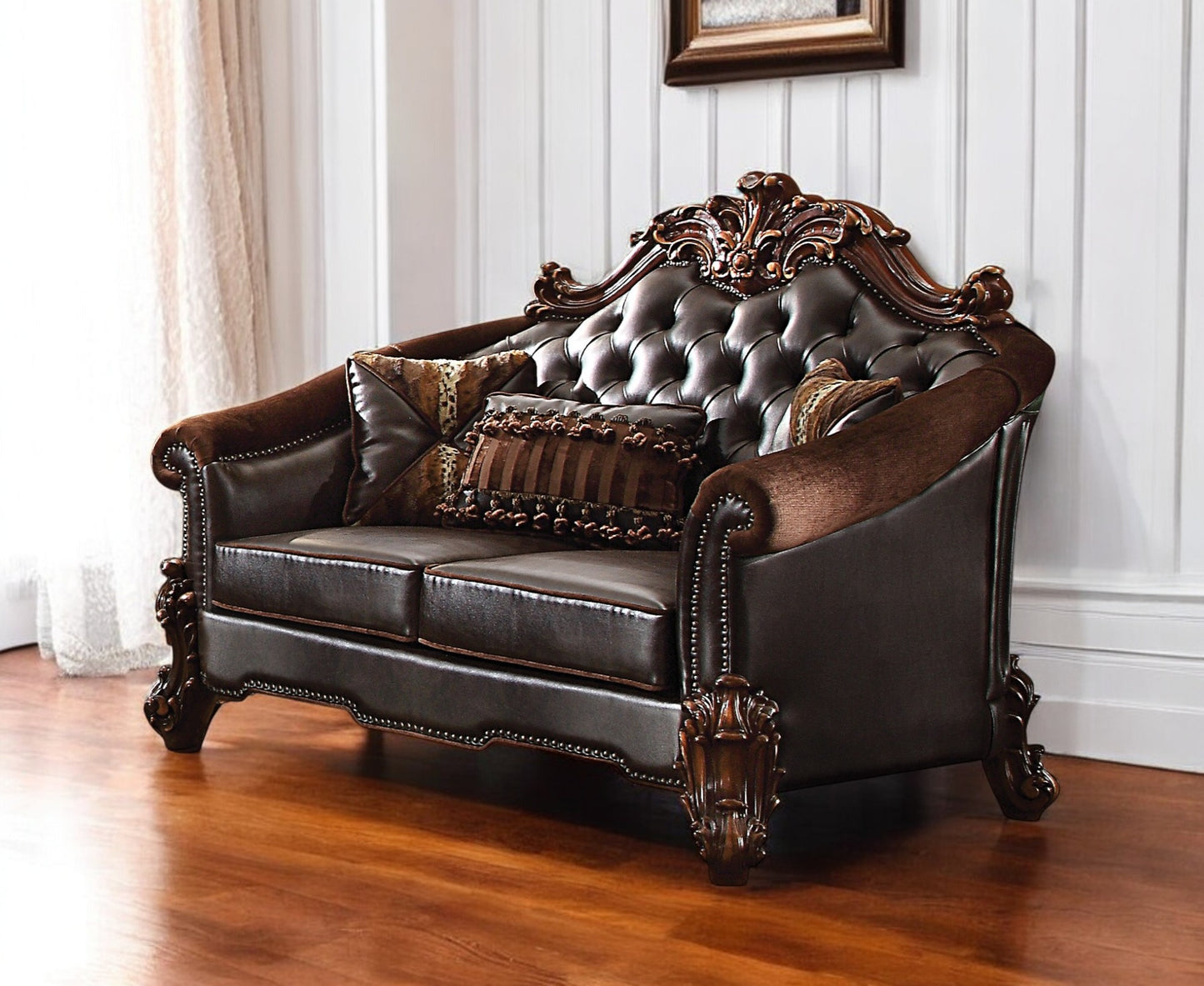The Prescott – Brown & Dark Brown Chenille & Faux Leather Loveseat & Toss Pillows