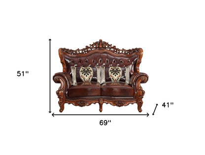 The Calhoun – Brown & Walnut Top Grain Leather Curved Loveseat & Toss Pillows