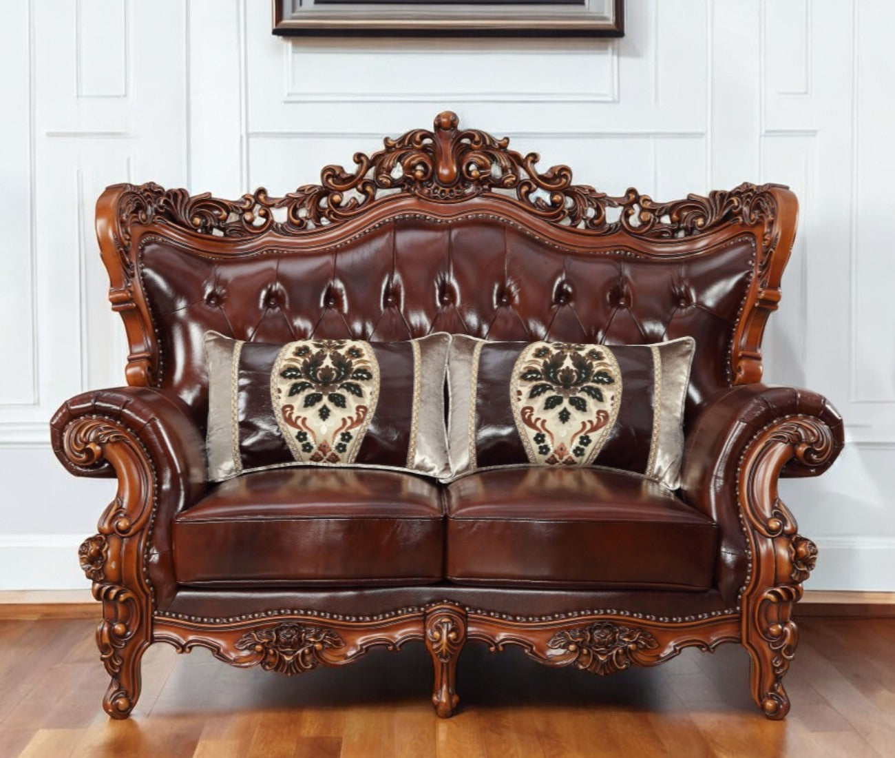 The Calhoun – Brown & Walnut Top Grain Leather Curved Loveseat & Toss Pillows