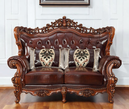 The Calhoun – Brown & Walnut Top Grain Leather Curved Loveseat & Toss Pillows