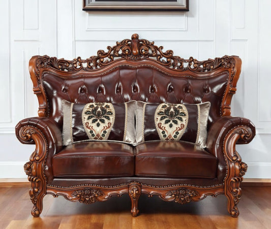 The Calhoun – Brown & Walnut Top Grain Leather Curved Loveseat & Toss Pillows