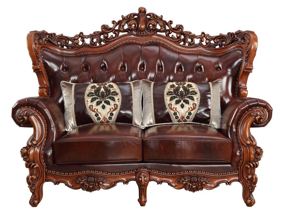 The Calhoun – Brown & Walnut Top Grain Leather Curved Loveseat & Toss Pillows