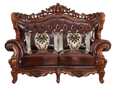 The Calhoun – Brown & Walnut Top Grain Leather Curved Loveseat & Toss Pillows