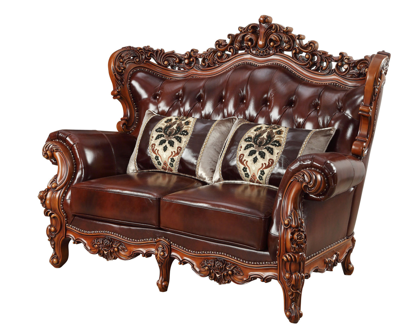 The Calhoun – Brown & Walnut Top Grain Leather Curved Loveseat & Toss Pillows