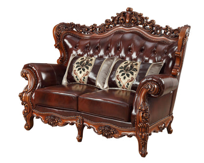 The Calhoun – Brown & Walnut Top Grain Leather Curved Loveseat & Toss Pillows
