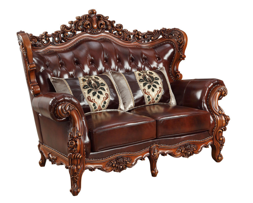 The Calhoun – Brown & Walnut Top Grain Leather Curved Loveseat & Toss Pillows
