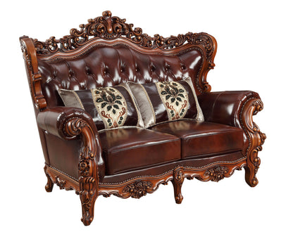 The Calhoun – Brown & Walnut Top Grain Leather Curved Loveseat & Toss Pillows