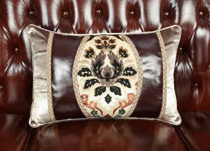 The Calhoun – Brown & Walnut Top Grain Leather Curved Loveseat & Toss Pillows