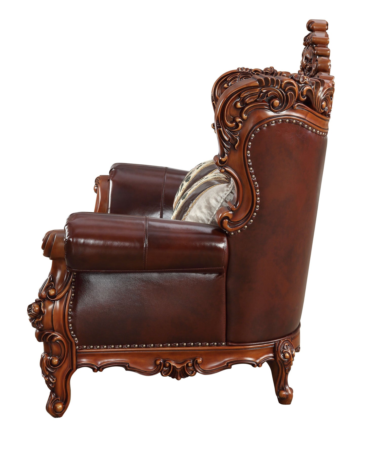 The Calhoun – Brown & Walnut Top Grain Leather Curved Loveseat & Toss Pillows