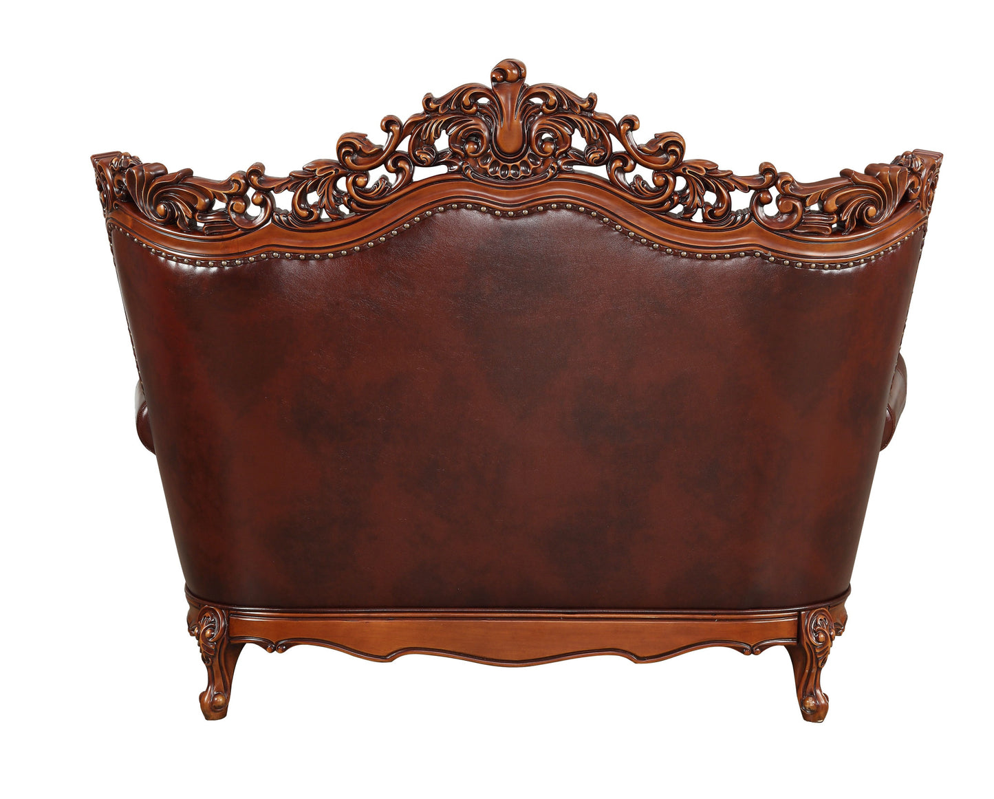 The Calhoun – Brown & Walnut Top Grain Leather Curved Loveseat & Toss Pillows