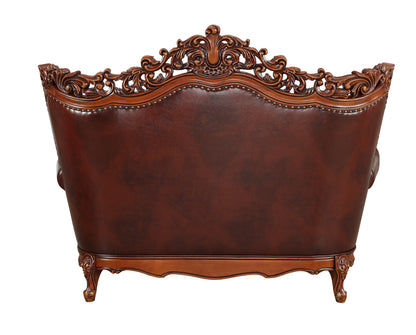 The Calhoun – Brown & Walnut Top Grain Leather Curved Loveseat & Toss Pillows