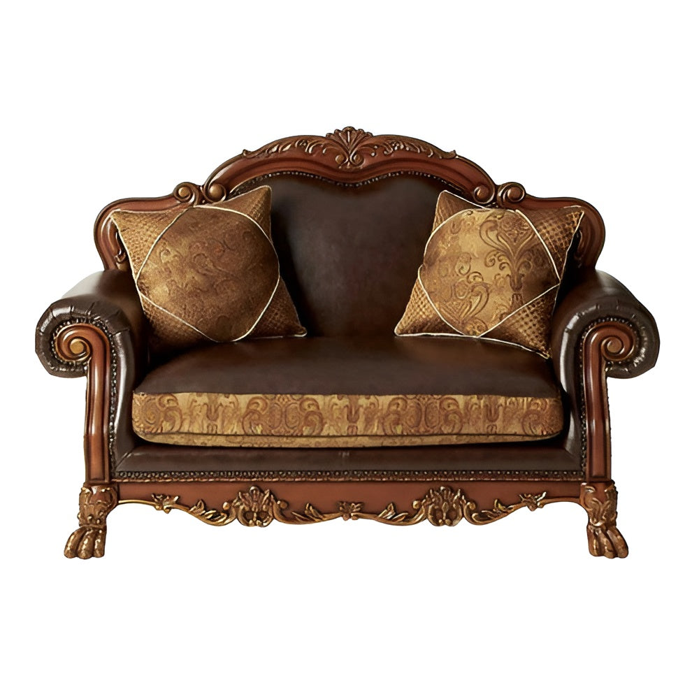 The Redford – Brown & Redwood Faux Leather Loveseat & Toss Pillows