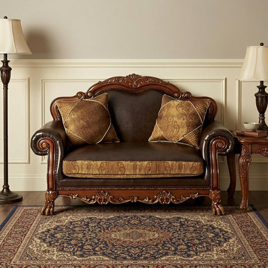 The Redford – Brown & Redwood Faux Leather Loveseat & Toss Pillows