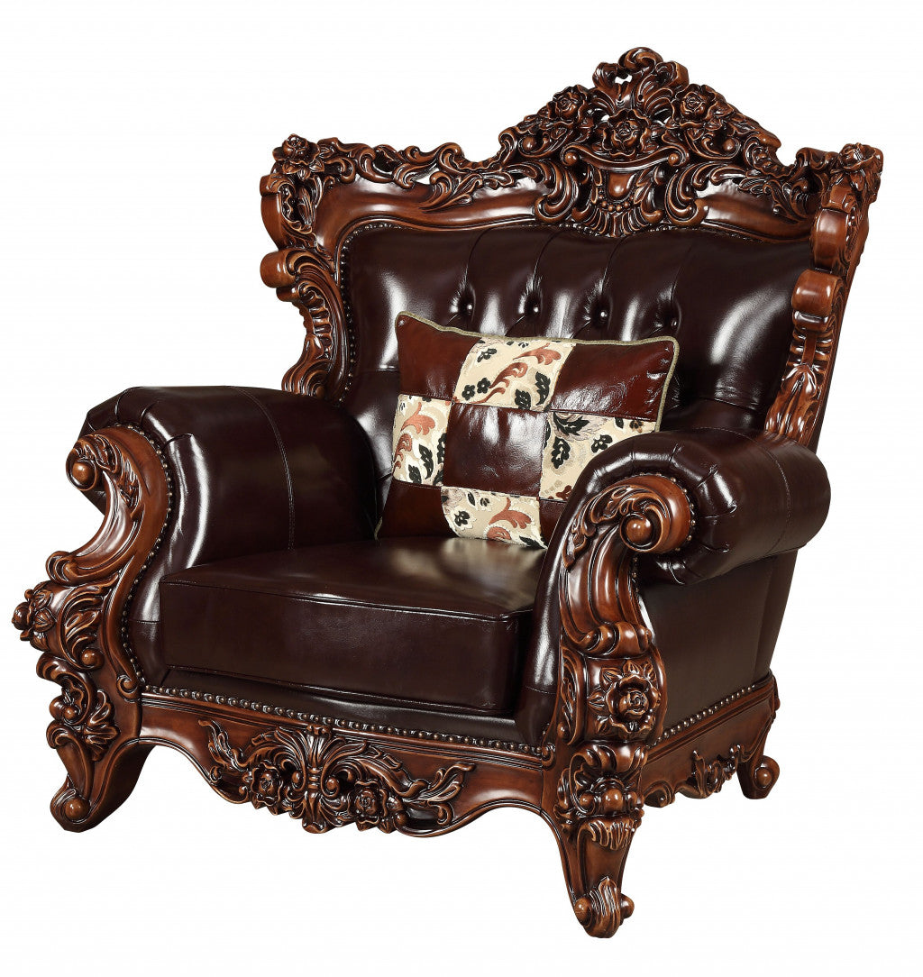 The Langston – Espresso Faux Leather Tufted Wingback Chair & Toss Pillow