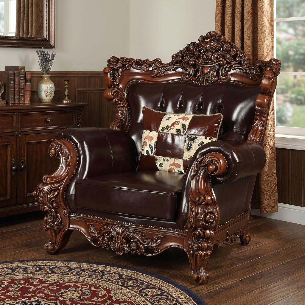 The Langston – Espresso Faux Leather Tufted Wingback Chair & Toss Pillow