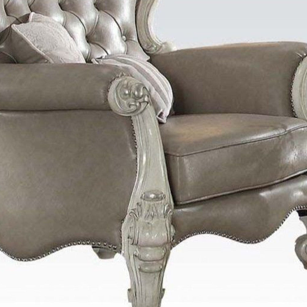 The Hadley – Gray Faux Leather Tufted Chesterfield Wingback Chair with Toss Pillows