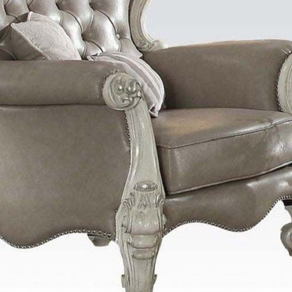 The Hadley – Gray Faux Leather Tufted Chesterfield Wingback Chair with Toss Pillows