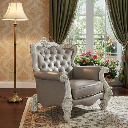 The Hadley – Gray Faux Leather Tufted Chesterfield Wingback Chair with Toss Pillows
