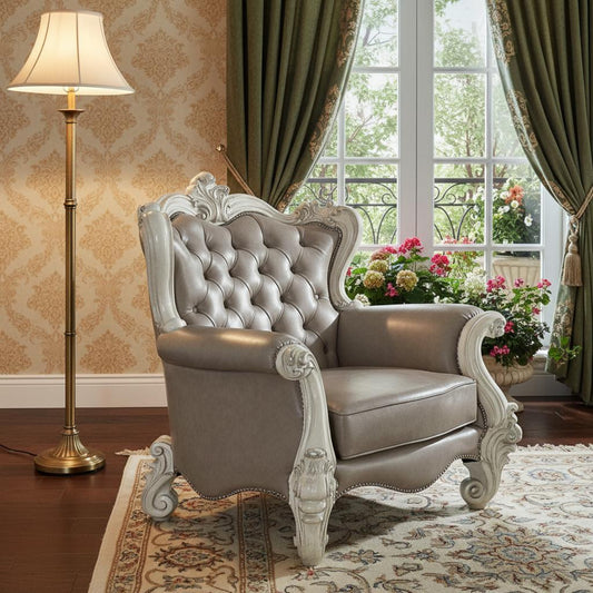 The Hadley – Gray Faux Leather Tufted Chesterfield Wingback Chair with Toss Pillows