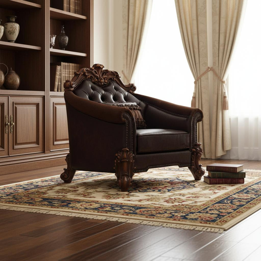 The Barrett – Dark Brown Faux Leather Chesterfield Chair with Toss Pillow