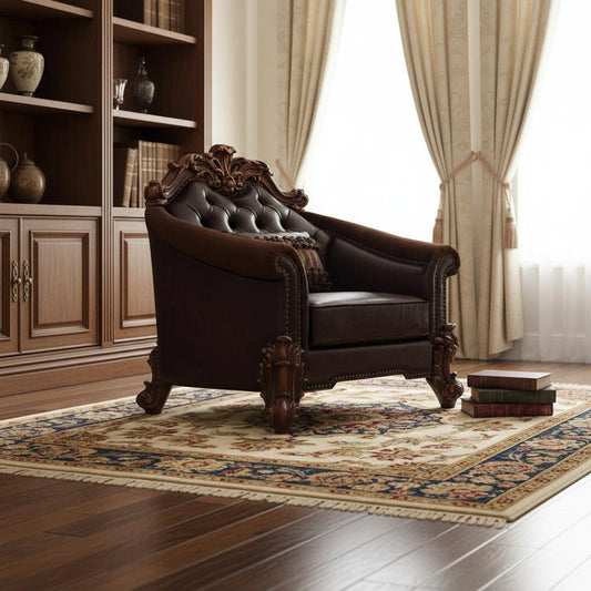 The Barrett – Dark Brown Faux Leather Chesterfield Chair with Toss Pillow