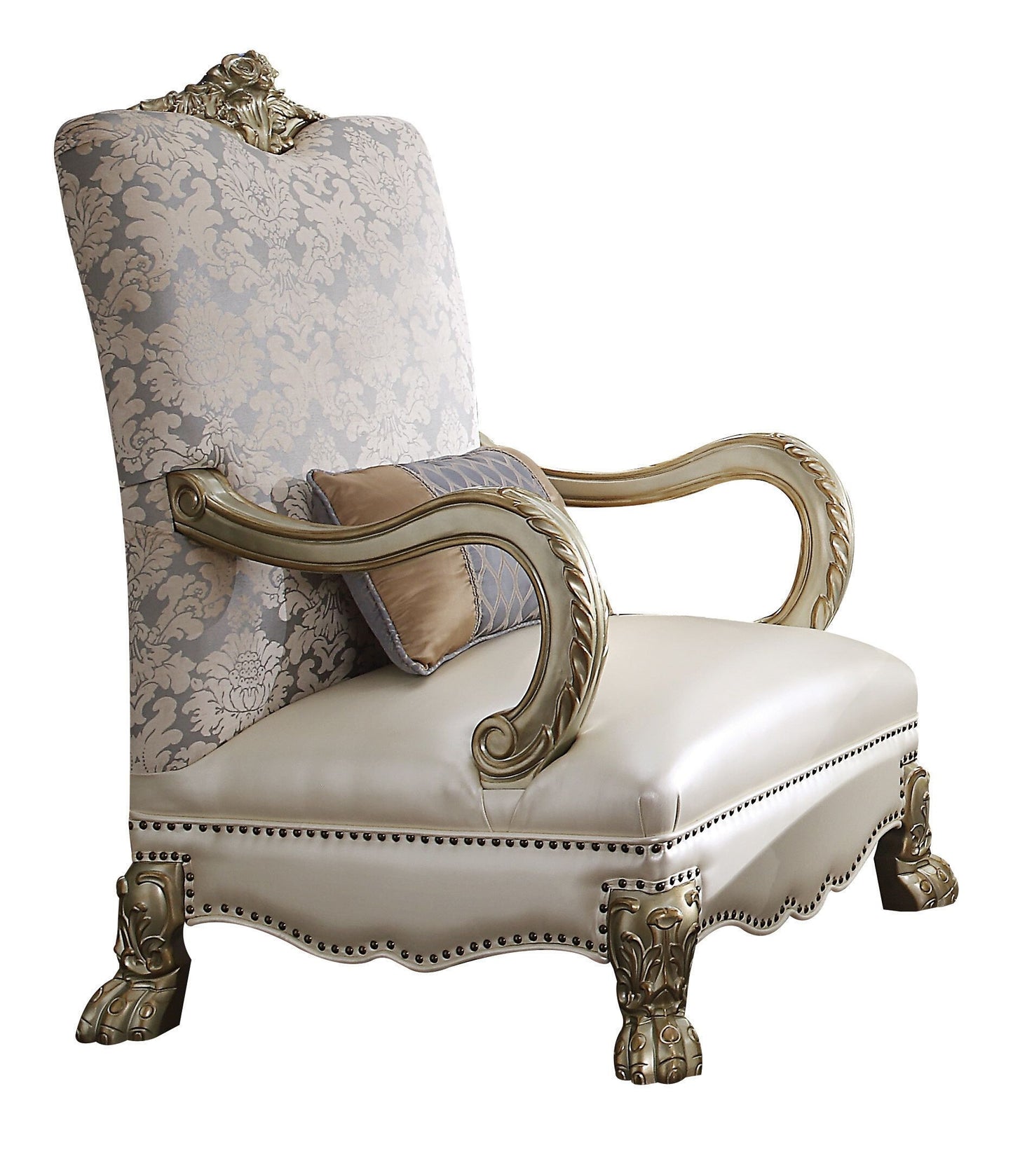 The Virella – Pearl & Gold Faux Leather Floral Arm Chair with Toss Pillow