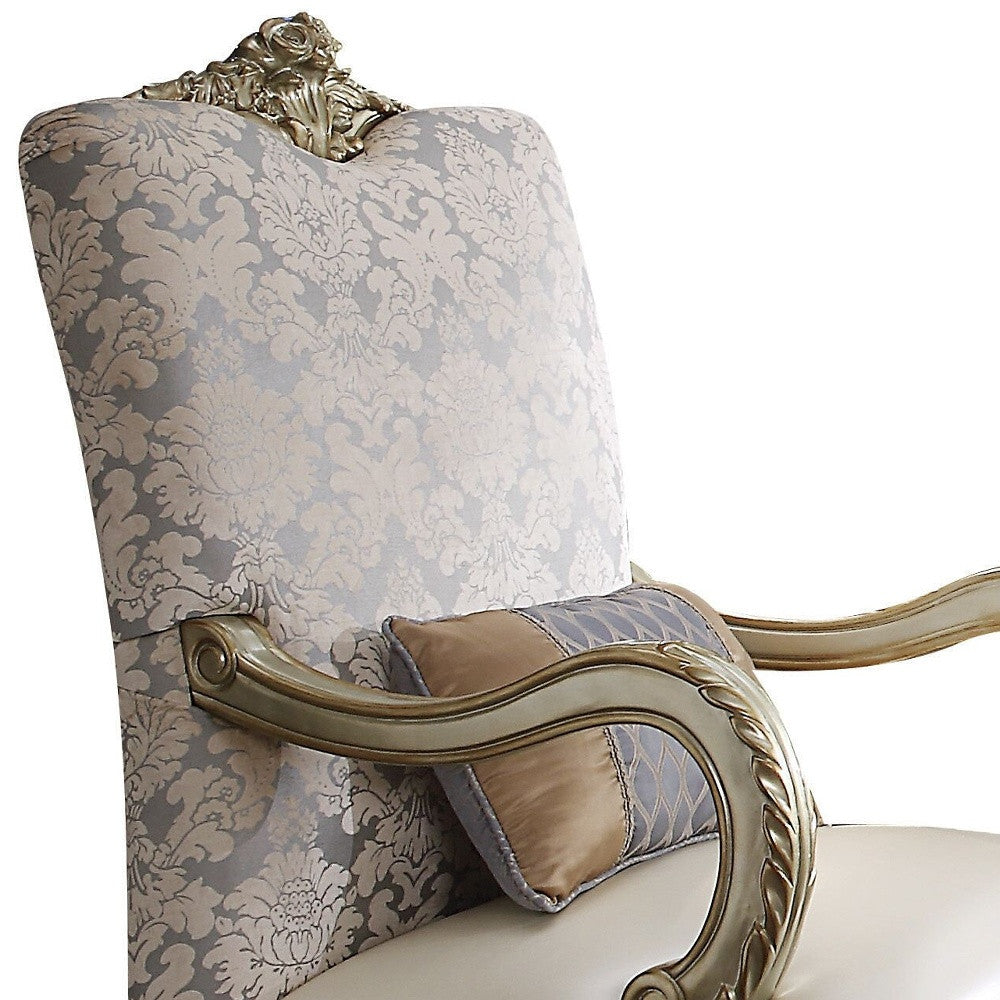 The Virella – Pearl & Gold Faux Leather Floral Arm Chair with Toss Pillow
