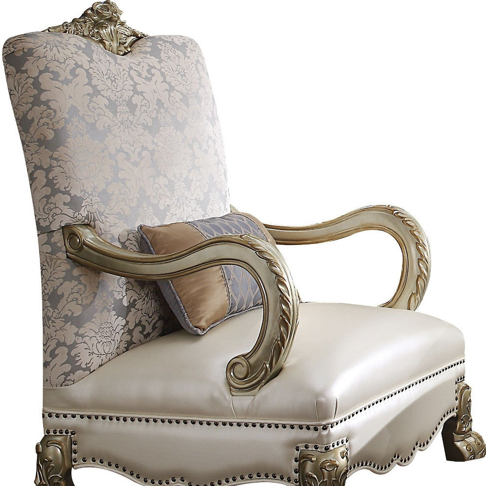 The Virella – Pearl & Gold Faux Leather Floral Arm Chair with Toss Pillow