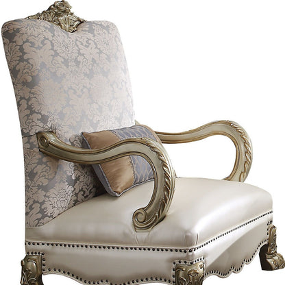 The Virella – Pearl & Gold Faux Leather Floral Arm Chair with Toss Pillow