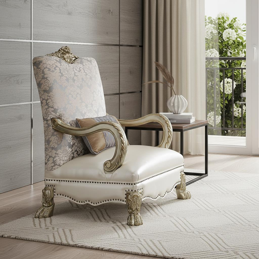 The Virella – Pearl & Gold Faux Leather Floral Arm Chair with Toss Pillow