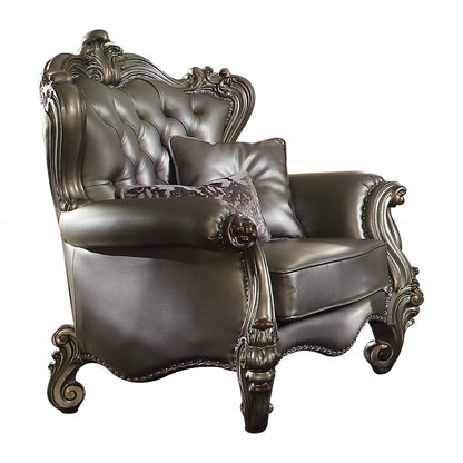 The Velmora – Silver & Platinum Faux Leather Tufted Wingback Chair with Toss Pillows