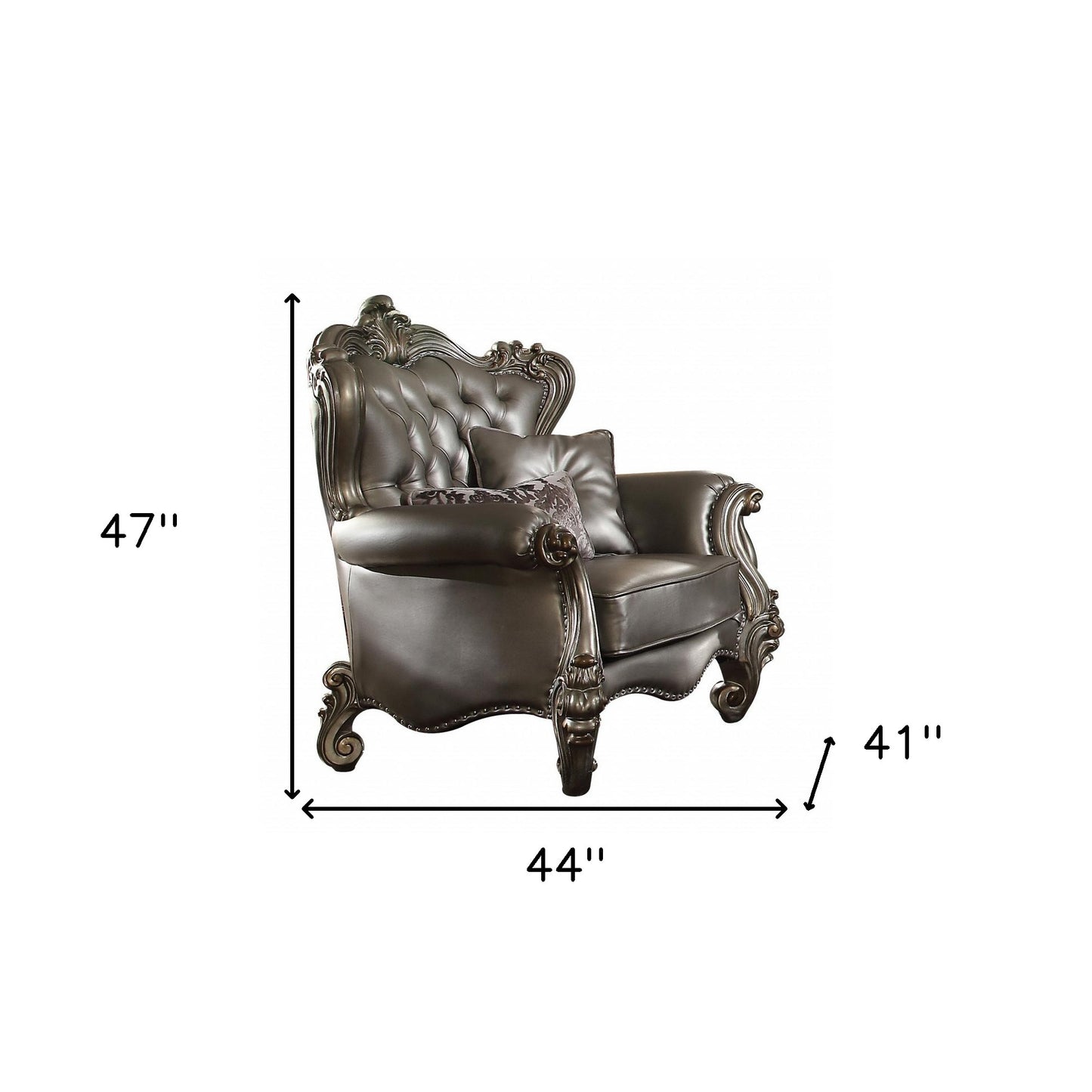 The Velmora – Silver & Platinum Faux Leather Tufted Wingback Chair with Toss Pillows