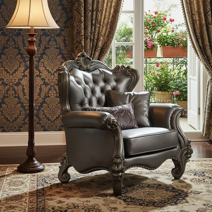 The Velmora – Silver & Platinum Faux Leather Tufted Wingback Chair with Toss Pillows