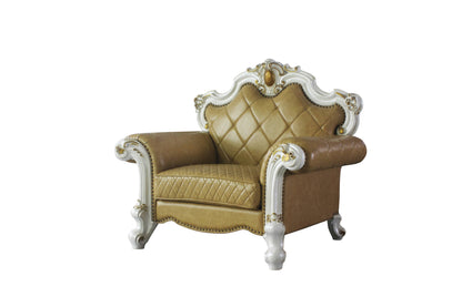 The Orlienne – Beige & Pearl Faux Leather Tufted Arm Chair with Toss Pillow