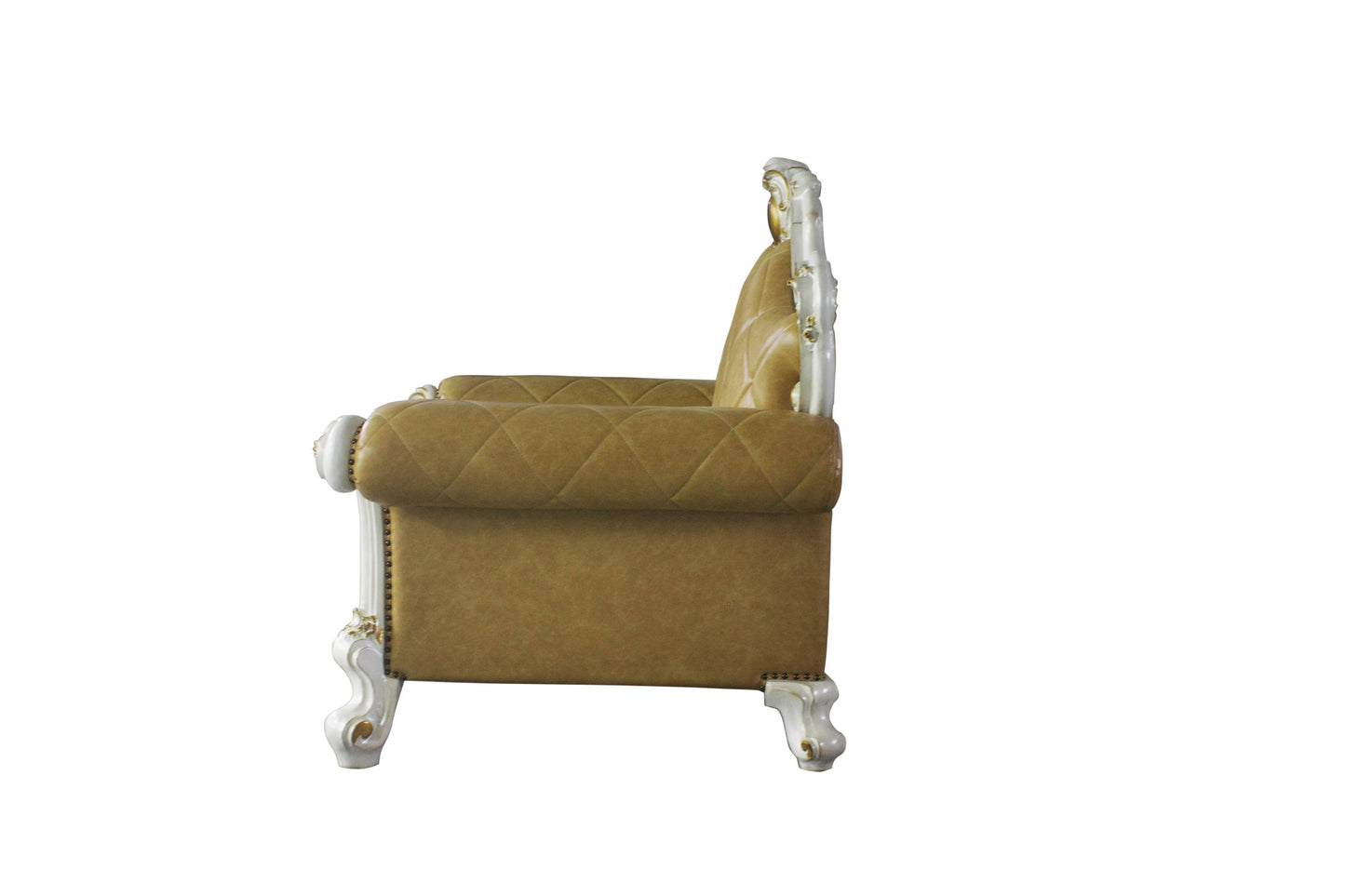 The Orlienne – Beige & Pearl Faux Leather Tufted Arm Chair with Toss Pillow