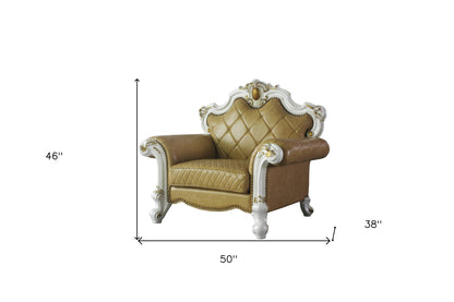 The Orlienne – Beige & Pearl Faux Leather Tufted Arm Chair with Toss Pillow
