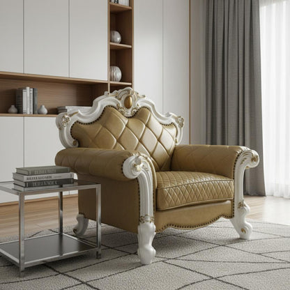 The Orlienne – Beige & Pearl Faux Leather Tufted Arm Chair with Toss Pillow