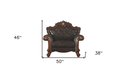 The Wellington – Chocolate Faux Leather Chesterfield Accent Chair with Toss Pillow