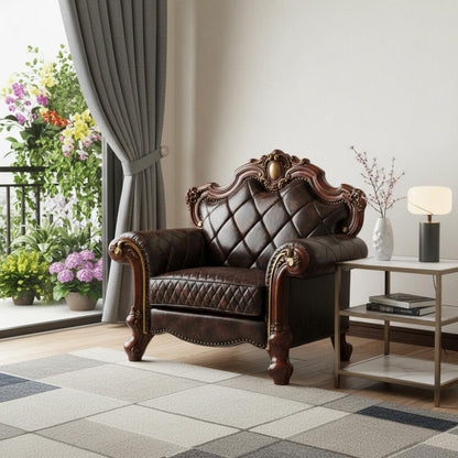 The Wellington – Chocolate Faux Leather Chesterfield Accent Chair with Toss Pillow