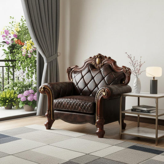 The Wellington – Chocolate Faux Leather Chesterfield Accent Chair with Toss Pillow