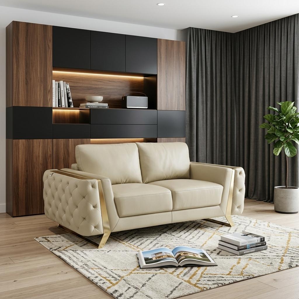 The Bellhaven – Beige & Gold Genuine Leather Loveseat